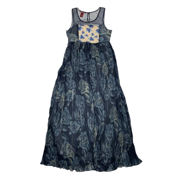 Sundance Maxi Dress 2 Blue Floral Colorblock Pleated Sleeveless Coastal Bohemian - Picture 11 of 12
